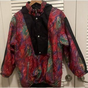Vintage All Over Print Pullover 1/2 Zip Button Jacket w Hoodie